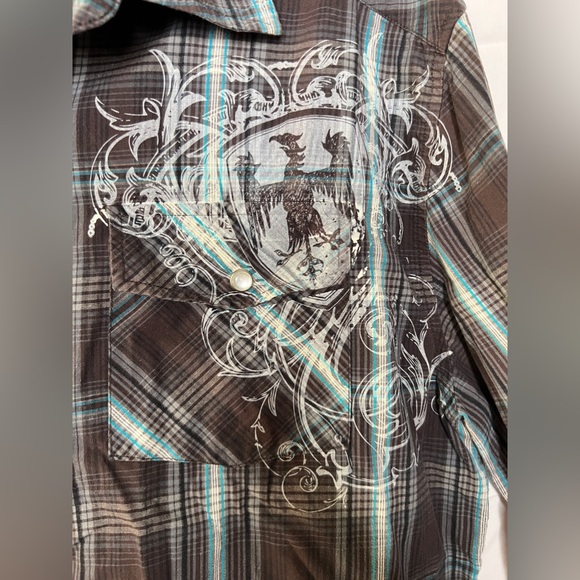 Casual button down shirt with graphics and pearl snap buttons XL Y2K Grunge - Picture 3 of 5